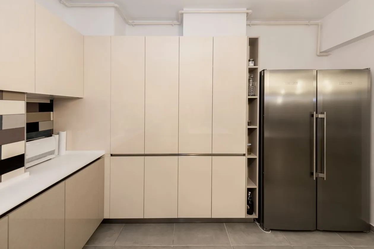 Mobila Bucatarie pe un perete, unita cu Living-Room si Hol, 63m², x H 244cm — Stalp mascat — foto 2 din 2